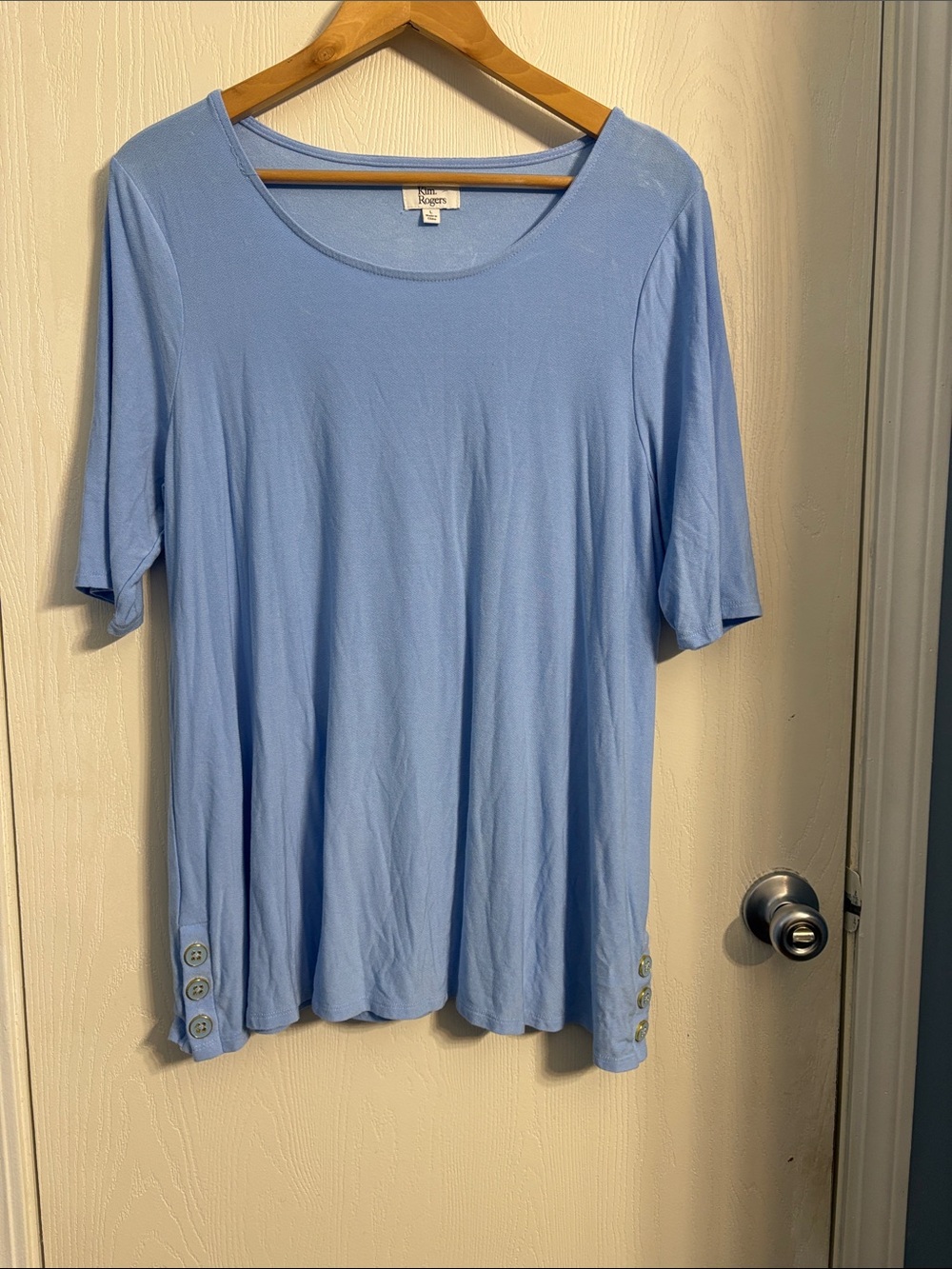 Kim Rogers Sky Blue Scoop Neck Short Sleeve Top with Side Button Detail